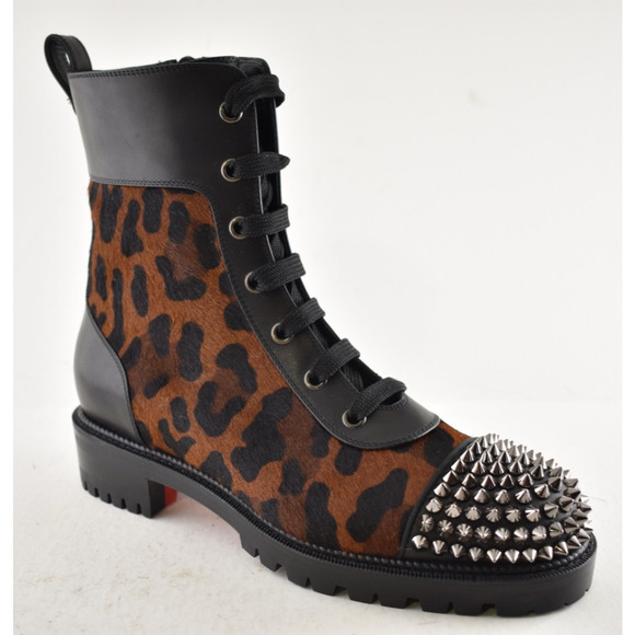 Christian Louboutin TS Croc Flat Black Leopard Pony Spike Combat Ankle Boot 38 - Picture 6 of 15